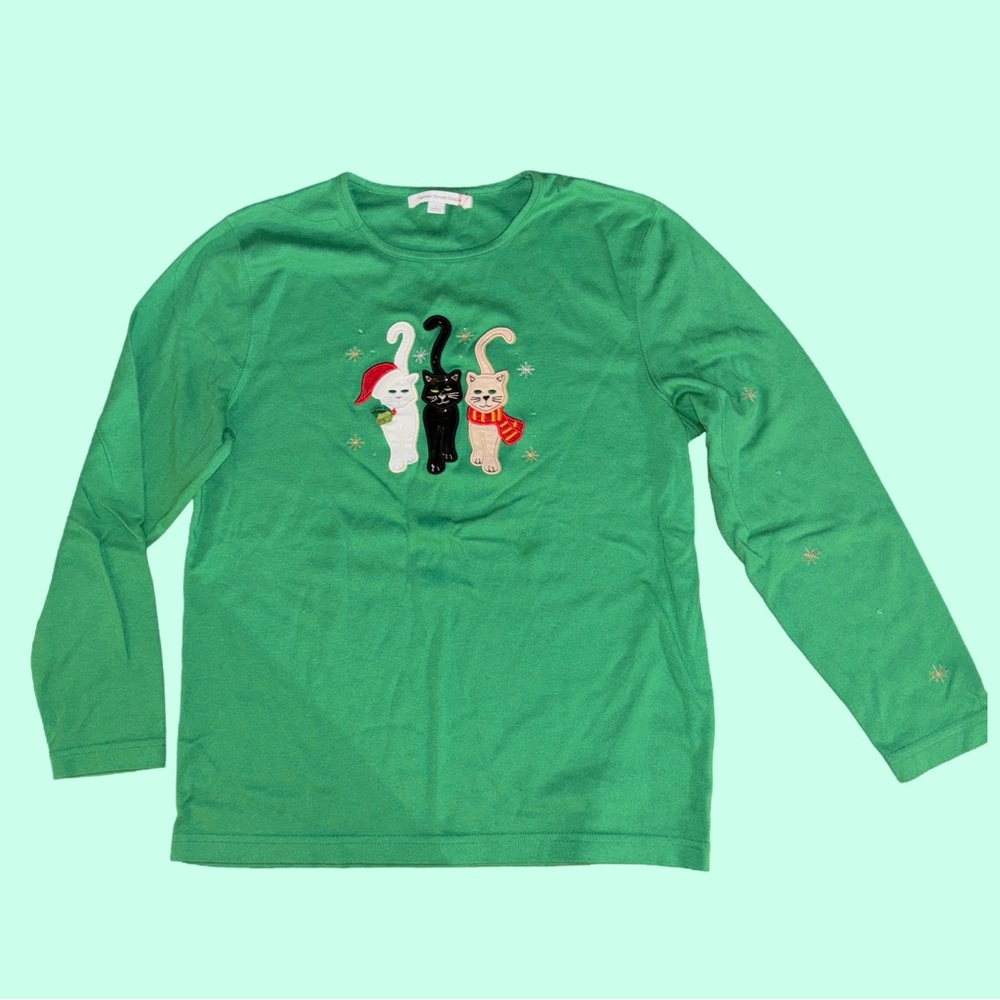 Christmas Cat Trio Long Green Long Sleeve Crewneck Tee Shirt Women’s Size Large